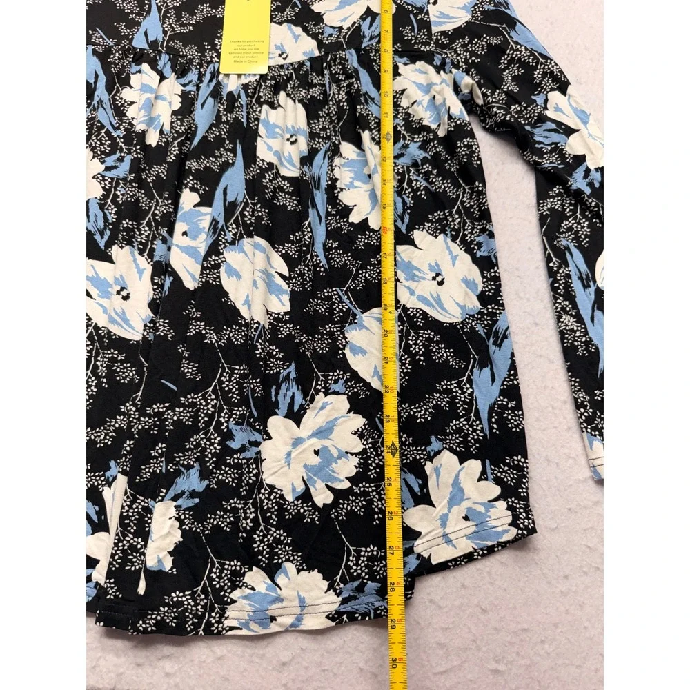 Longyuan Women 2XL Floral Tunic Top Long Sleeve Black Blue Empire Waist Blouse